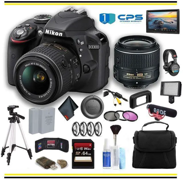 Main image of Nikon D3300 DSLR Camera with 18-55mm Lens Professional Bundle W/ Bag, Extra Battery, LED Light, Mic, Filters, Tripod, Monitor and More