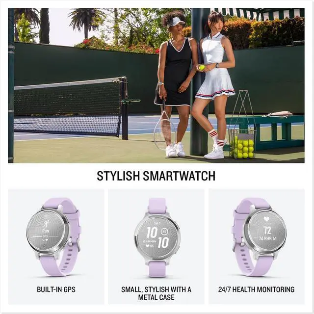 Alt view image 2 of 10 - Garmin Lily® 2 Active, Small and Stylish Smartwatch, Built-in GPS, Hidden Display, Patterned Lens, Up to 9 Days Battery Life, Silver with Purple Jasmine Silicone Band