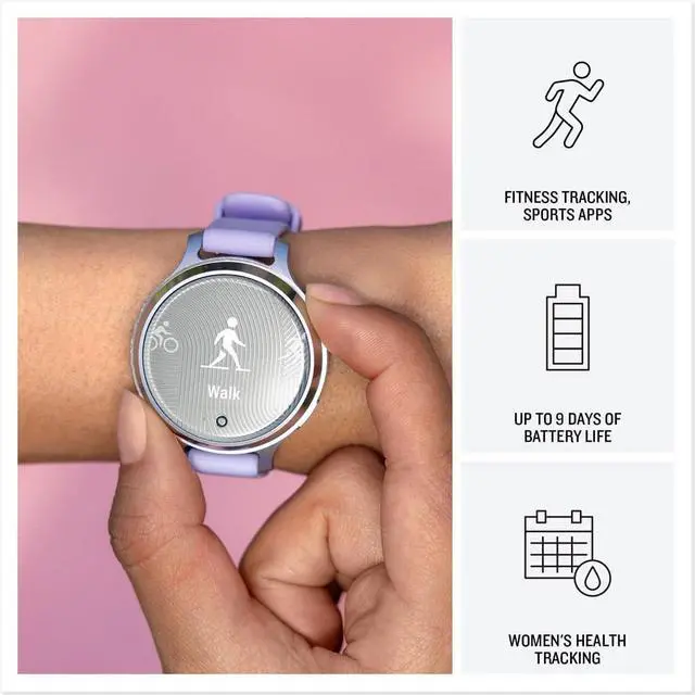 Alt view image 3 of 10 - Garmin Lily® 2 Active, Small and Stylish Smartwatch, Built-in GPS, Hidden Display, Patterned Lens, Up to 9 Days Battery Life, Silver with Purple Jasmine Silicone Band