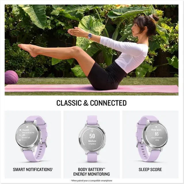 Alt view image 4 of 10 - Garmin Lily® 2 Active, Small and Stylish Smartwatch, Built-in GPS, Hidden Display, Patterned Lens, Up to 9 Days Battery Life, Silver with Purple Jasmine Silicone Band