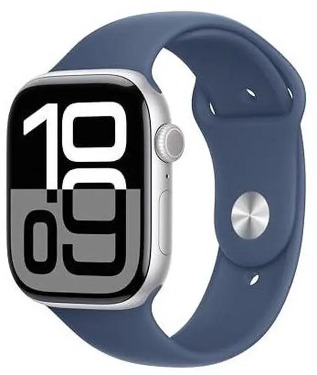 Apple Watch Series 10 [GPS 46mm case] Smartwatch with Silver Aluminium Case with Denim Sport Band - M/L. Fitness Tracker, ECG App, Always-On Retina Display, Water Resistant