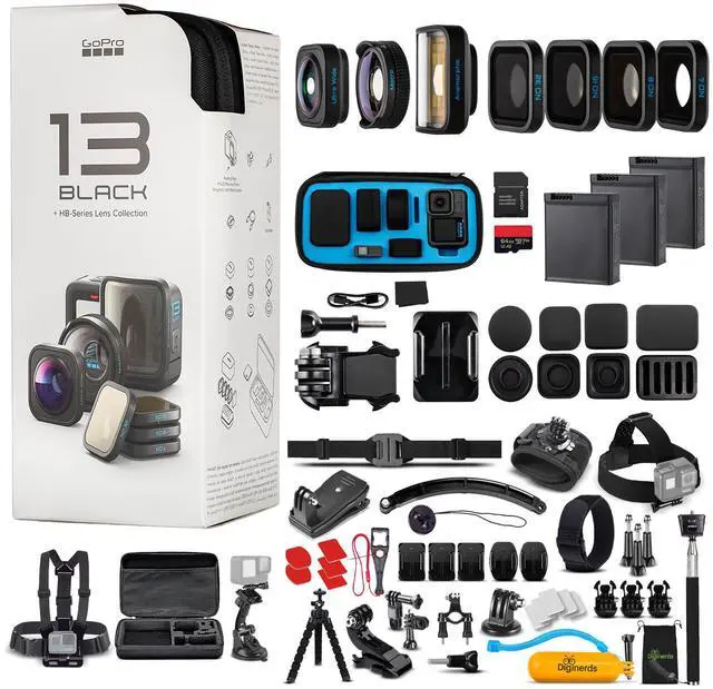 Main image of GoPro HERO13 Black with HB-Series Lens Collection - Action Camera + 64GB Card, 50 Piece Accessory Kit and 2 Batteries