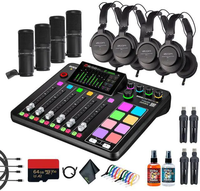 Main image of RODE RODECaster Pro II + Headphones + Podcast Microphone + 64GB Micro SD + More (Bundle)
