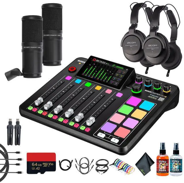 Main image of RODE RODECaster Pro II + Headphones + Podcast Microphone + 64GB Micro SD + More (Bundle)