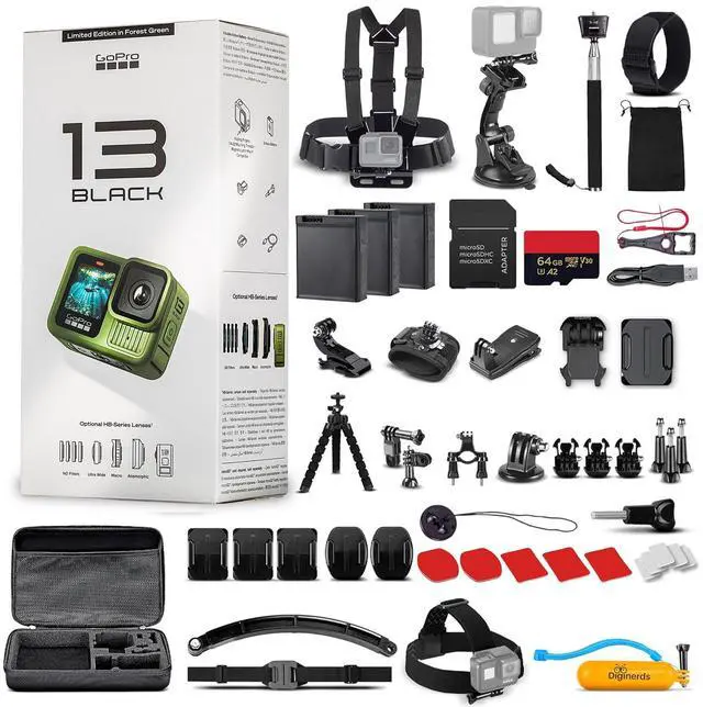 Main image of GoPro HERO13 (Forest Green) - Action Camera + 64GB Card, 50 Piece Accessory Kit and 2 Batteries