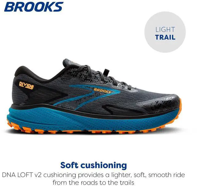 Alt view image 2 of 3 - Brooks Mens Divide 5 Trail Running Shoe - Ebony/Blue Sapphire/Orange - 8 Medium