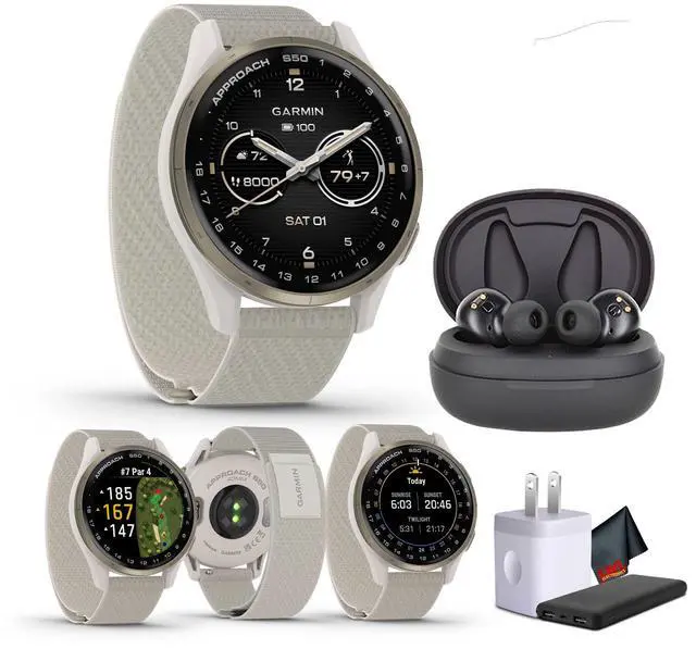 Main image of Garmin Approach S50, Cream Gold/Ivory Nylon GPS Golf Smart watch Bundle