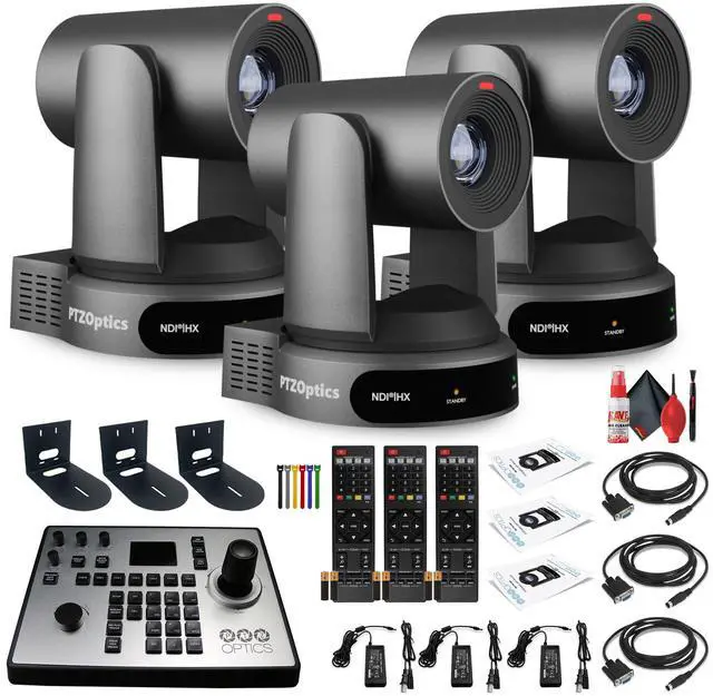 Main image of 3 x PTZOptics Move 4K PTZ Camera with 30x Zoom (Gray) (PT30X-4K-GY-G3) + PT-JOY-G4 Controller + 3 x Wall Mount