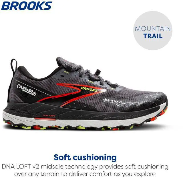 Alt view image 2 of 3 - Brooks Mens Cascadia 18 GTX Waterproof Mountain Trail Running Shoe - Blackened Pearl/Black/Tomato - 9 Medium