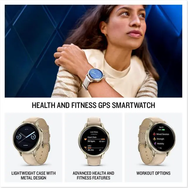 Alt view image 2 of 3 - Garmin Venu® 4, 41mm, Advanced Health and Fitness GPS Smartwatch, Bright and Colorful Display, Built-in Flashlight, 10 Days of Battery Life, Lunar Gold with Bone Silicone Band/Light Sand Leather Band