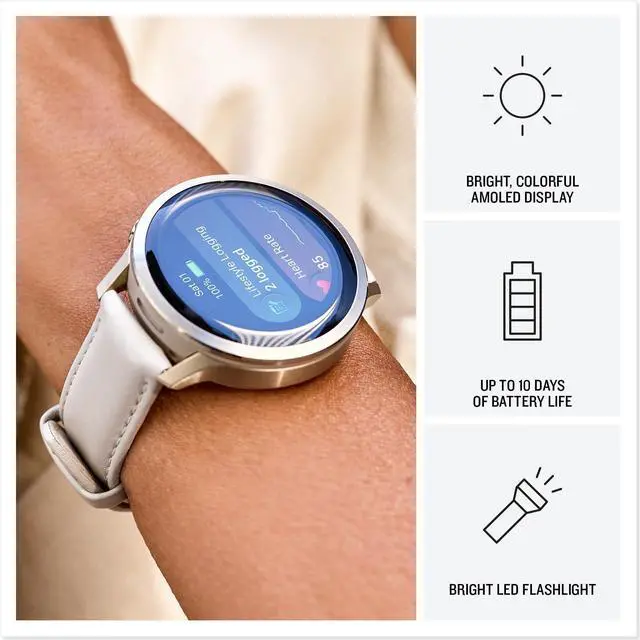Alt view image 3 of 3 - Garmin Venu® 4, 41mm, Advanced Health and Fitness GPS Smartwatch, Bright and Colorful Display, Built-in Flashlight, 10 Days of Battery Life, Lunar Gold with Bone Silicone Band/Light Sand Leather Band
