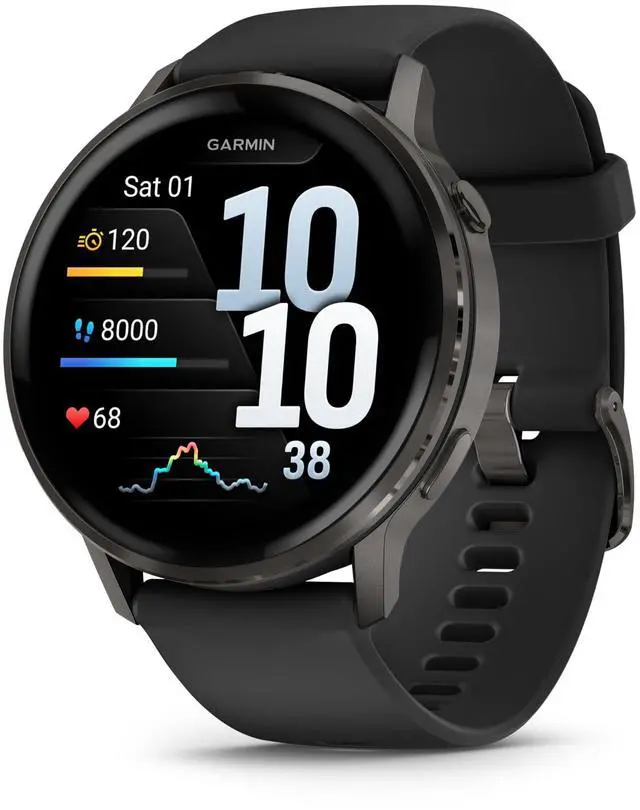 Main image of Garmin Venu® 4, 45mm, Advanced Health and Fitness GPS Smartwatch, Bright and Colorful Display, Built-in Flashlight, 12 Days of Battery Life, Slate with Black Silicone Band
