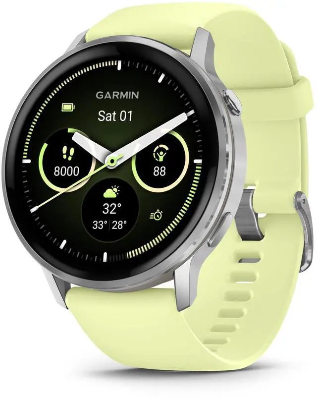 Main image of Garmin Venu® 4, 45mm, Advanced Health and Fitness GPS Smartwatch, Bright and Colorful Display, Built-in Flashlight, 12 Days of Battery Life, Silver with Citron Silicone Band