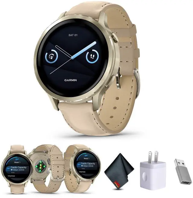 Main image of Garmin Venu 4, 41mm, Advanced Health and Fitness GPS Smartwatch, Bright and Colorful Display, Built-in Flashlight, 10 Days of Battery Life, Lunar Gold with Light Sand Leather Band