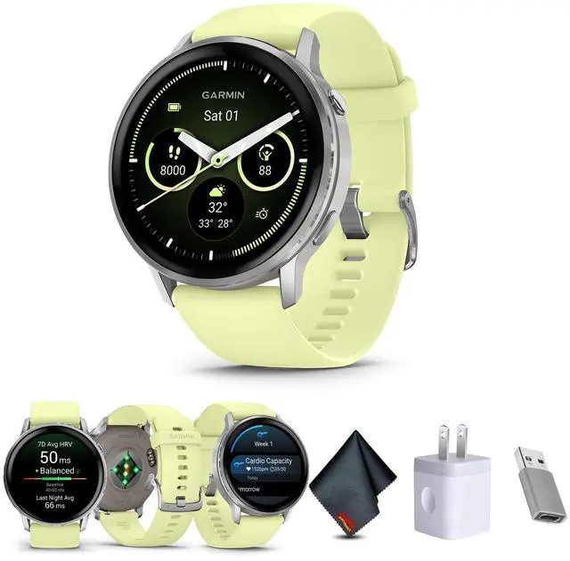 Main image of Garmin Venu 4, 45mm, Advanced Health and Fitness GPS Smartwatch, Bright and Colorful Display, Built-in Flashlight, 12 Days of Battery Life, Silver with Citron Silicone Band