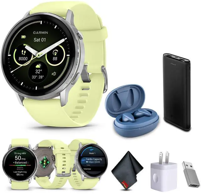 Main image of Garmin Venu 4, 45mm, Advanced Health and Fitness GPS Smartwatch, Bright and Colorful Display, Built-in Flashlight, 12 Days of Battery Life, Silver with Citron Silicone Band