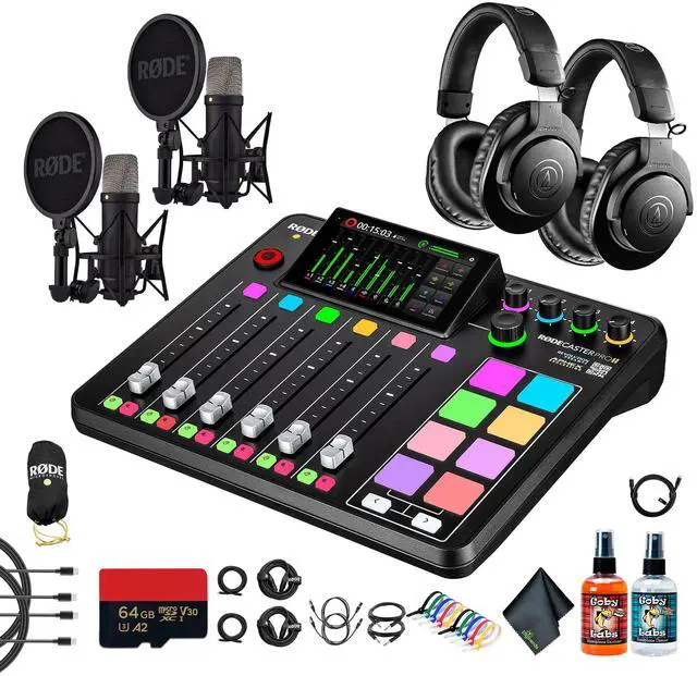Main image of RODE RODECaster Pro II + Headphones + Podcast Microphone + 64GB Micro SD + More (Bundle)