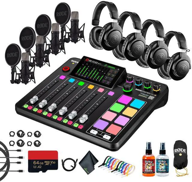 Main image of RODE RODECaster Pro II + Headphones + Podcast Microphone + 64GB Micro SD + More (Bundle)
