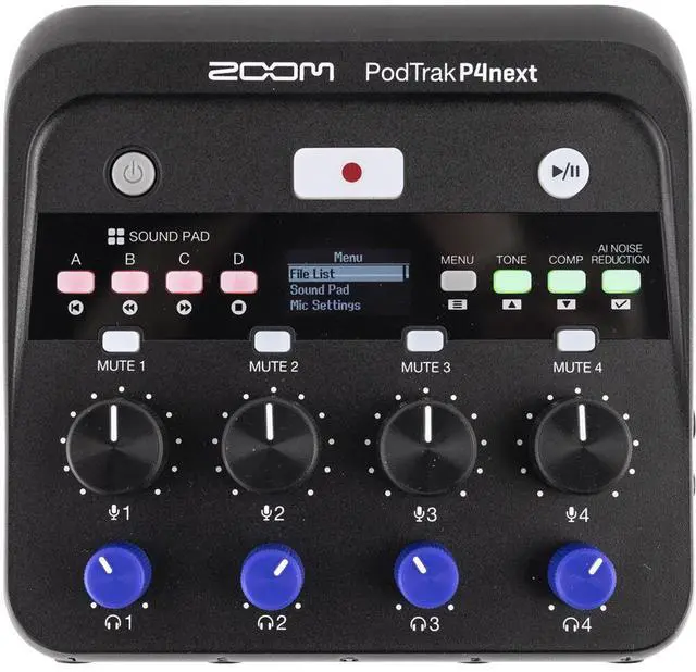 Alt view image 3 of 4 - Zoom PodTrak P4next Podcast Recorder, Battery Powered, 4 Microphone Inputs, 4 Headphone Outputs, AI Noise Reduction, Tone & COMP Effects, Phone Input, Sound Pads, Record to SD, Audio Interface Mode
