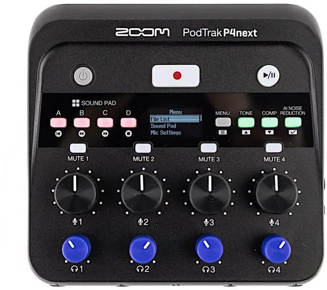Main image of Zoom PodTrak P4next Podcast Recorder, Battery Powered, 4 Microphone Inputs, 4 Headphone Outputs, AI Noise Reduction, Tone & COMP Effects, Phone Input, Sound Pads, Record to SD, Audio Interface Mode