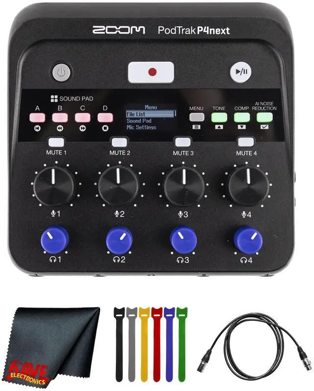 Main image of Zoom PodTrak P4next Podcast Recorder, Battery Powered, 4 Microphone Inputs, 4 Headphone Outputs, AI Noise Reduction, Tone & COMP Effects, Phone Input, Sound Pads, Record to SD, Audio Interface Mode