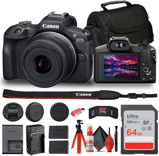 Main image of Canon EOS R100 Mirrorless Camera with 18-45mm Lens + Bag + 64GB Card + LPE17 Battery + More