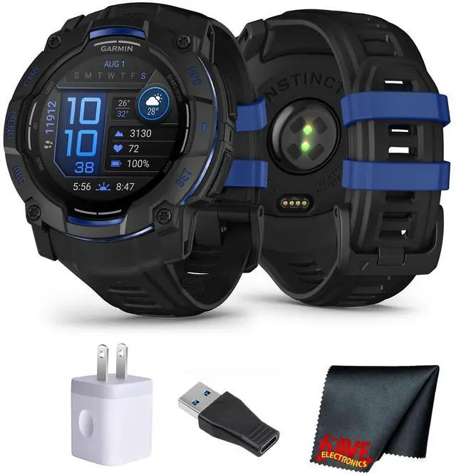 Main image of Garmin Instinct 3, 50mm AMOLED, Black and Bolt Blue Smartwatch Bundle