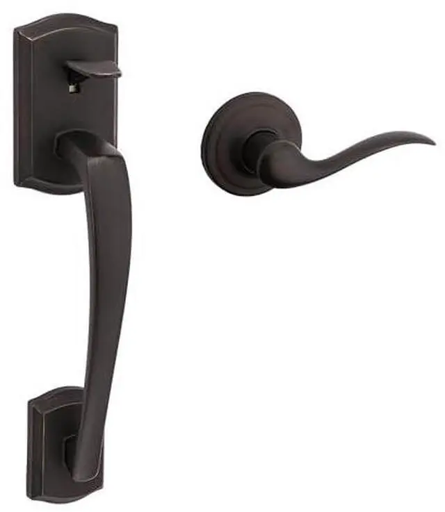 Main image of Kwikset Prescott Front Door Handle No Lock, Entry Handleset Exterior with Interior Reversible Handed Lever, Non-Locking, Venetian Bronze, Deadbolt Not Included, with Microban Protection