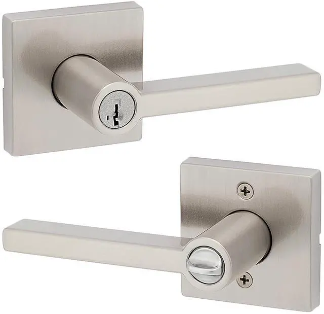 Main image of Kwikset Halifax Entry Door Handle with Lock and Key, Secure Keyed Reversible Lever Exterior, For Front Entrance and Bedrooms, Satin Nickel, Pick Resistant Smartkey Rekey Security and Microban