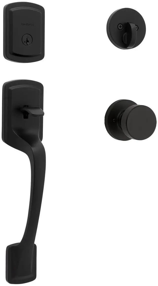 Main image of Kwikset Prague Front Door Lock Handle and Deadbolt Set, Entry Handleset Exterior with Round Pismo Interior Door Knob, Matte Black, Pick Resistant SmartKey Rekey Deadbolt Security