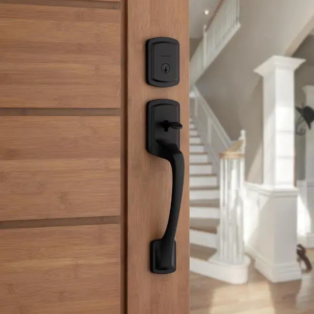 Alt view image 3 of 4 - Kwikset Prague Front Door Lock Handle and Deadbolt Set, Entry Handleset Exterior with Round Pismo Interior Door Knob, Matte Black, Pick Resistant SmartKey Rekey Deadbolt Security