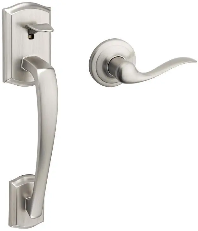Main image of Kwikset Prescott Front Door Handle No Lock, Entry Handleset Exterior with Interior Reversible Handed Lever, Non-Locking, Satin Nickel, Deadbolt Not Included, with Microban Protection
