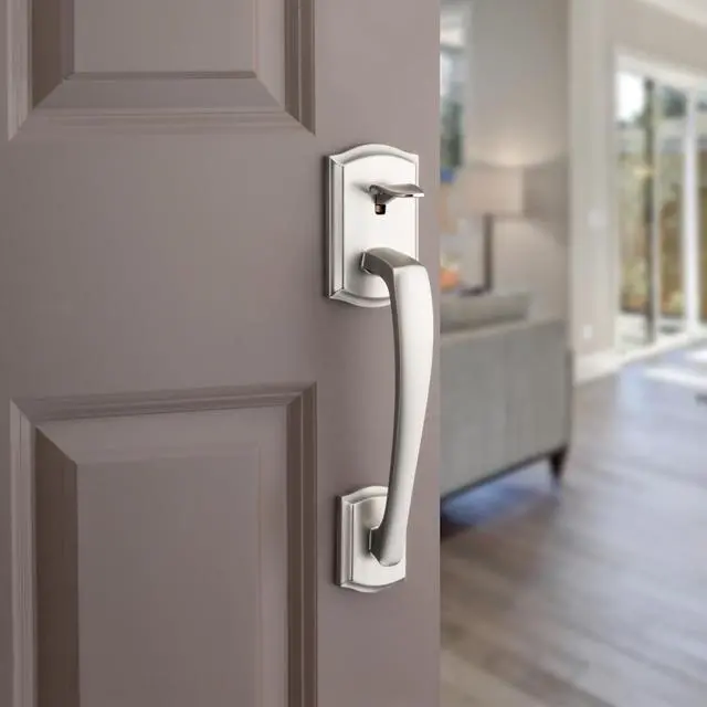 Alt view image 2 of 3 - Kwikset Prescott Front Door Handle No Lock, Entry Handleset Exterior with Interior Reversible Handed Lever, Non-Locking, Satin Nickel, Deadbolt Not Included, with Microban Protection
