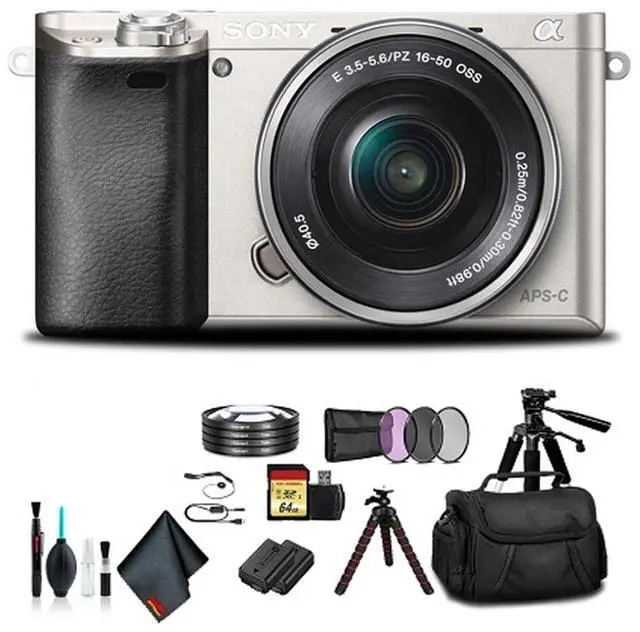 Main image of Sony Alpha a6000 Mirrorless Camera with 16-50mm Lens Silver With Soft Bag, Tripod, Additional Battery, 64GB Memory Card, Card Reader , Plus Essential Accessories