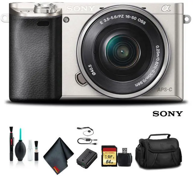 Main image of Sony Alpha a6000 Mirrorless Camera with 16-50mm Lens Silver With Soft Bag, 64GB Memory Card, Card Reader , Plus Essential Accessories