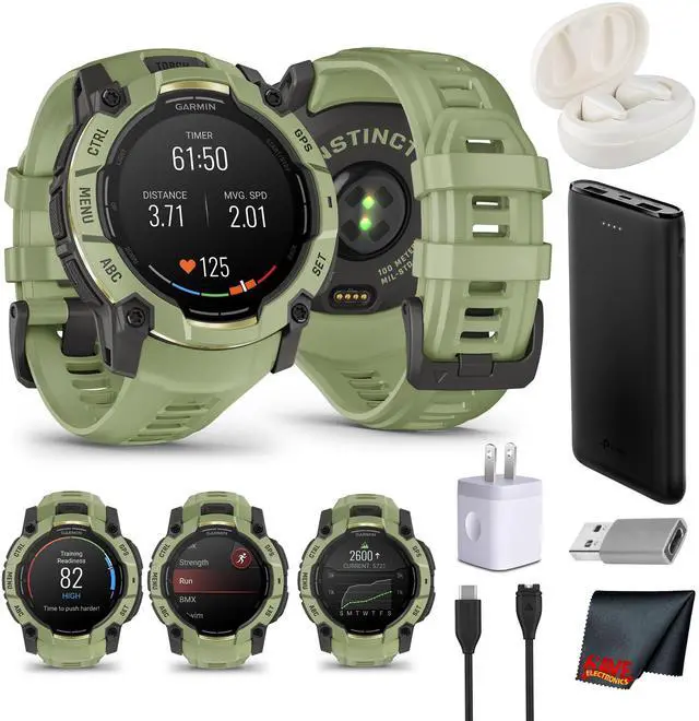 Main image of Garmin Instinct 3 AMOLED 50mm Fern Green Smartwatch Rugged Outdoor GPS Bundle