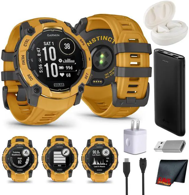 Main image of Garmin Instinct 3 Solar 50mm Sunburst Rugged Outdoor GPS Smartwatch Bundle