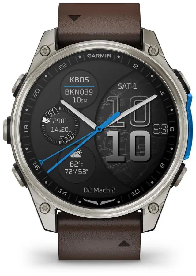 Main image of Garmin D2 Mach 2, 47mm Touchscreen Aviator Smartwatch with GPS Moving Map, Aviation Weather, Health and Wellness Features, Flashlight, and More Oxford Brown Leather Band