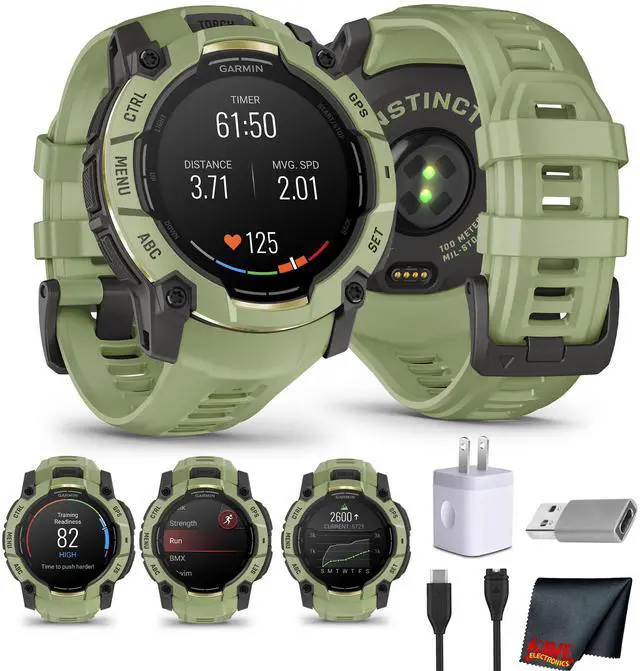 Main image of Garmin Instinct 3 50mm AMOLED GPS Smartwatch Fern Green Outdoor Watch Bundle