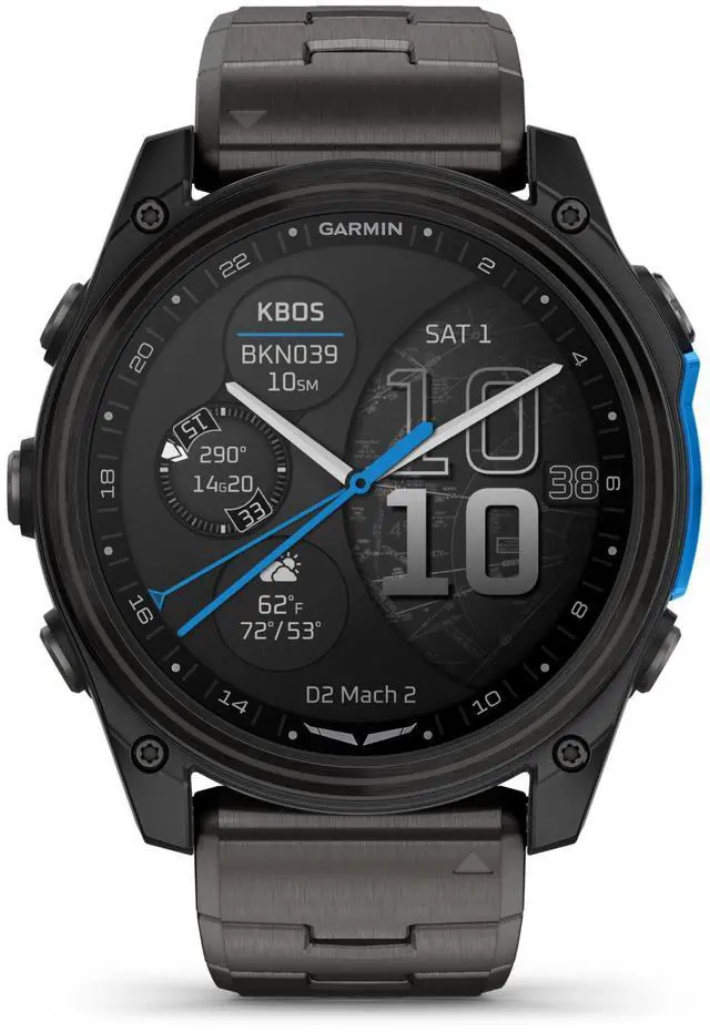 Main image of Garmin D2 Mach 2, 51mm Touchscreen Aviator Smartwatch with GPS Moving Map, Aviation Weather, Health and Wellness Features, Flashlight, and More Carbon Gray DLC Titanium with Vented Bracelet