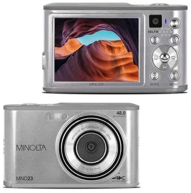 Main image of Minolta 48MP Digital Camera with Rear Selfie Lens - 4K Ultra HD Video, 2.8" LCD Screen, 16X Digital Zoom, Autofocus, Slow Motion, Time Lapse, Filters, Scene Modes, 32GB Card Included (Silver)