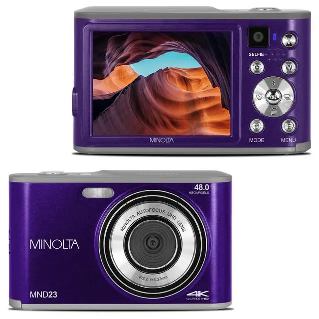 Alt view image 2 of 4 - Minolta 48MP Digital Camera with Rear Selfie Lens - 4K Ultra HD Video, 2.8" LCD Screen, 16X Digital Zoom, Autofocus, Slow Motion, Time Lapse, Filters, Scene Modes, 32GB Card Included (Purple)