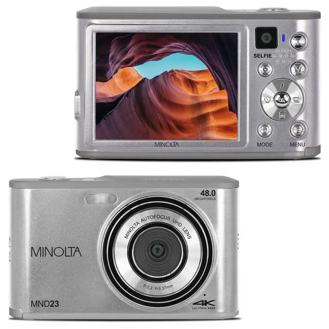 Alt view image 2 of 4 - Minolta 48MP Digital Camera with Rear Selfie Lens - 4K Ultra HD Video, 2.8" LCD Screen, 16X Digital Zoom, Autofocus, Slow Motion, Time Lapse, Filters, Scene Modes, 32GB Card Included (Silver)