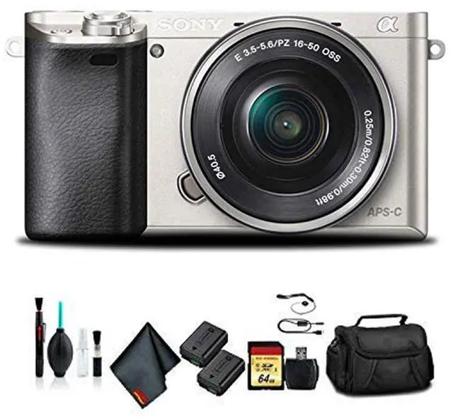 Main image of Sony Alpha a6000 Mirrorless Camera with 16-50mm Lens Silver With Soft Bag, Additional Battery, 64GB Memory Card, Card Reader , Plus Essential Accessories