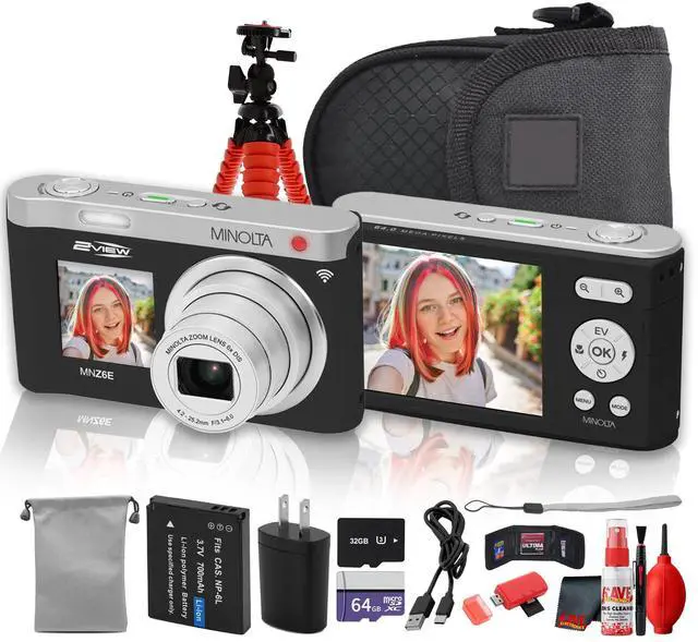 Main image of Minolta MNZ6E Dual Screen Digital Camera (Black), 64MP Digital Camera, 4K UHD Video, 6x Optical Zoom, Dual LCD Screens, + More