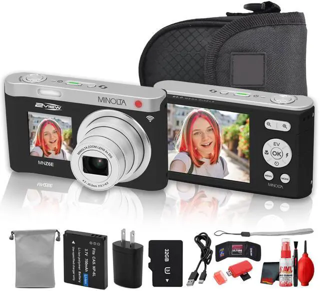 Main image of Minolta MNZ6E Dual Screen Digital Camera (Black), 64MP Digital Camera, 4K UHD Video, 6x Optical Zoom, Dual LCD Screens, + More