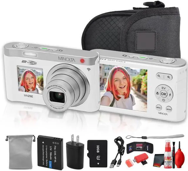 Main image of Minolta MNZ6E Dual Screen Digital Camera (White), 64MP Digital Camera, 4K UHD Video, 6x Optical Zoom, Dual LCD Screens, + More