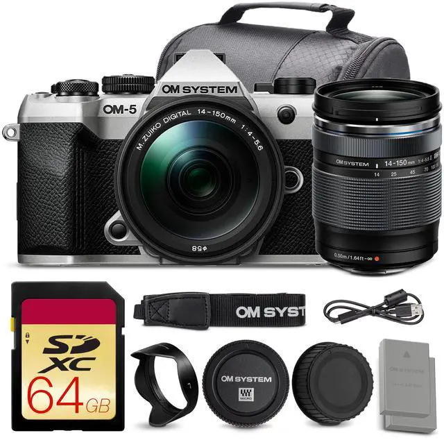 Main image of OM SYSTEM OM-5 Mark II Mirrorless Camera with 14-150mm f/4-5.6 II Lens + 64GB Card + More