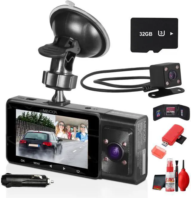 Main image of Minolta MNCD338T 3-Channel Dash Camera (Black) 1080P Full HD Dash Cam with Front, Interior & Rear Cameras, 3.0" LCD Display, 130° Wide-Angle Lens + More