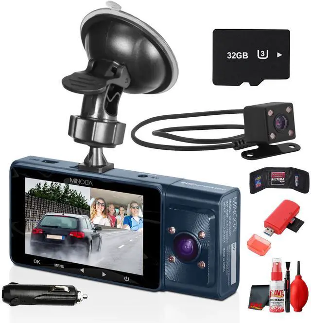Main image of Minolta MNCD338T 3-Channel Dash Camera (Blue) 1080P Full HD Dash Cam with Front, Interior & Rear Cameras, 3.0" LCD Display, 130° Wide-Angle Lens + More